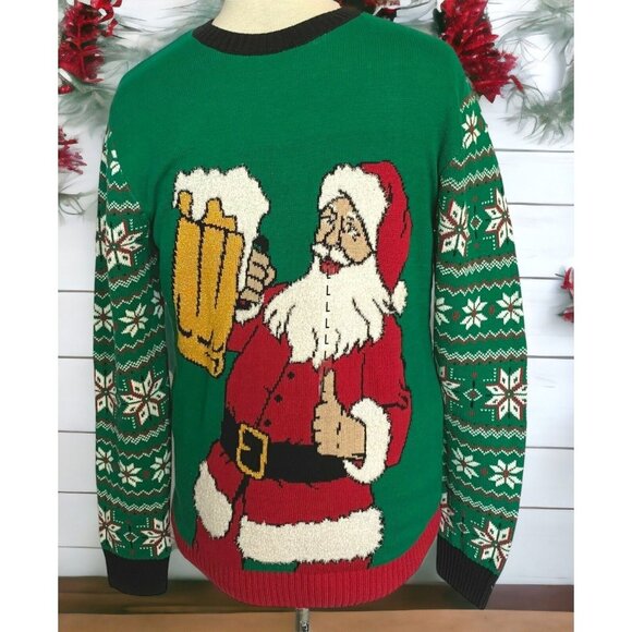 Beer Drinking Santa Ugly Christmas Sweater Mens Size Large NWT Green Snowflakes - Picture 1 of 9